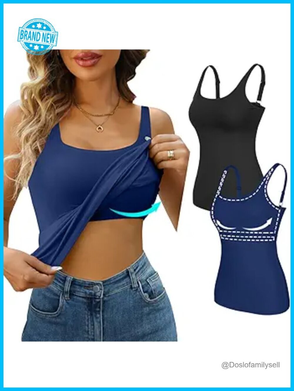 Non Padded Shelf Bra Tank Top Cotton Adjustable Wide Strap Camisole 2 Pack